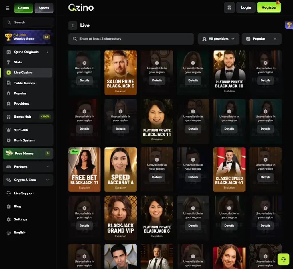 Qzino Casino desktop live casino lobby screenshot featuring live dealer games and real-time streaming interface - review testing