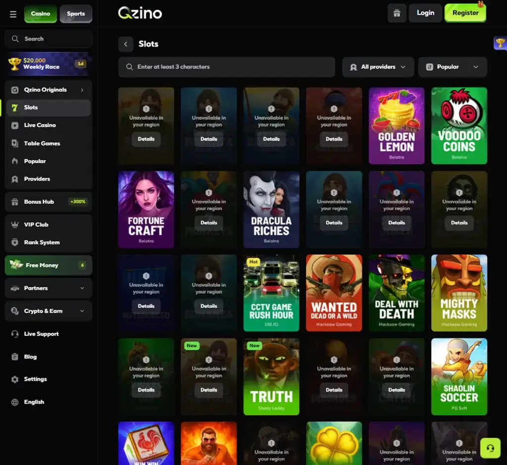 Qzino Casino desktop slots lobby screenshot presenting variety of slot games with categories and providers - Tested
