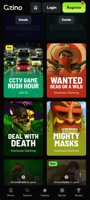 Qzino Casino mobile slots interface screenshot showing slot game selection with popular titles and filtering options - Tested
