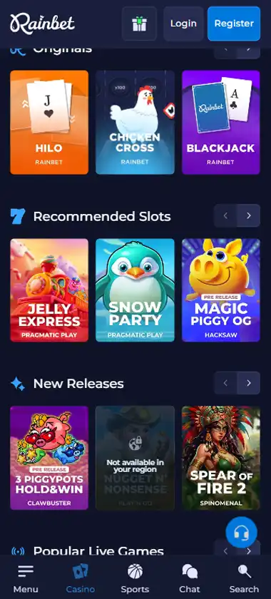 Rainbet Casino mobile homepage screenshot showing main lobby with featured games and promotions - captured during platform testing