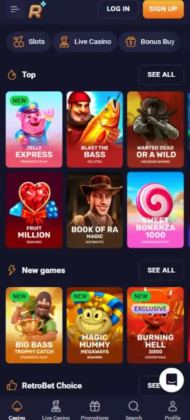 Retrobet Casino Mobile Preview 2