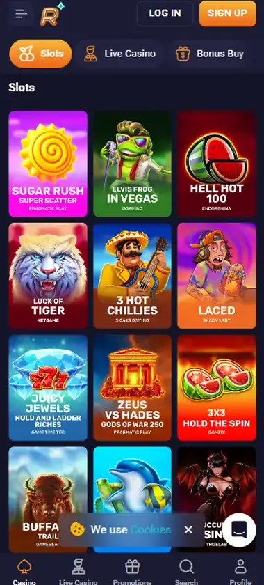 RetroBet Casino mobile slots interface screenshot showing slot game selection with popular titles and filtering options - captured during platform testing
