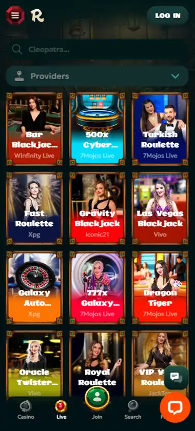 Rivo Casino mobile live casino interface screenshot showing live dealer tables including blackjack and roulette - tested