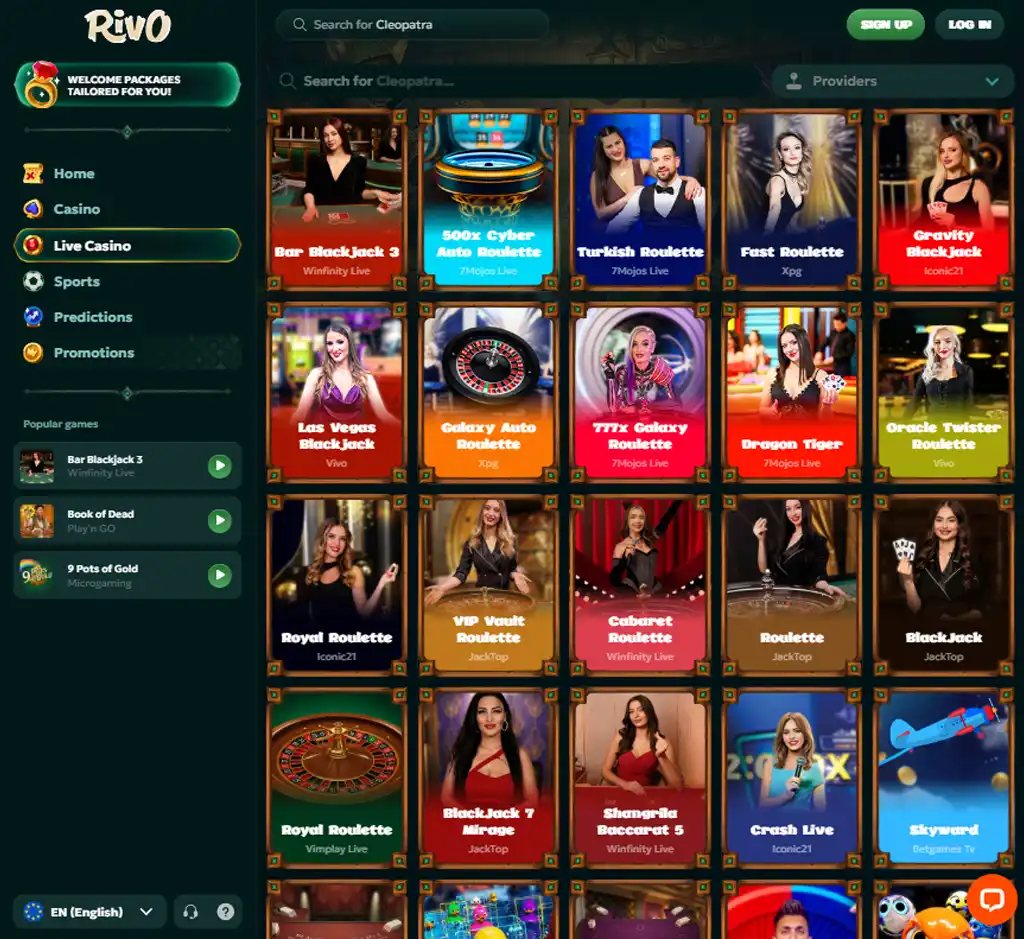 Rivo Casino desktop live casino lobby screenshot featuring live dealer games and real-time streaming interface - review testing