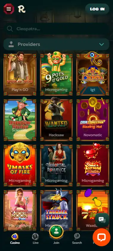 Rivo Casino mobile slots interface screenshot showing slot game selection with popular titles and filtering options - captured during platform testing