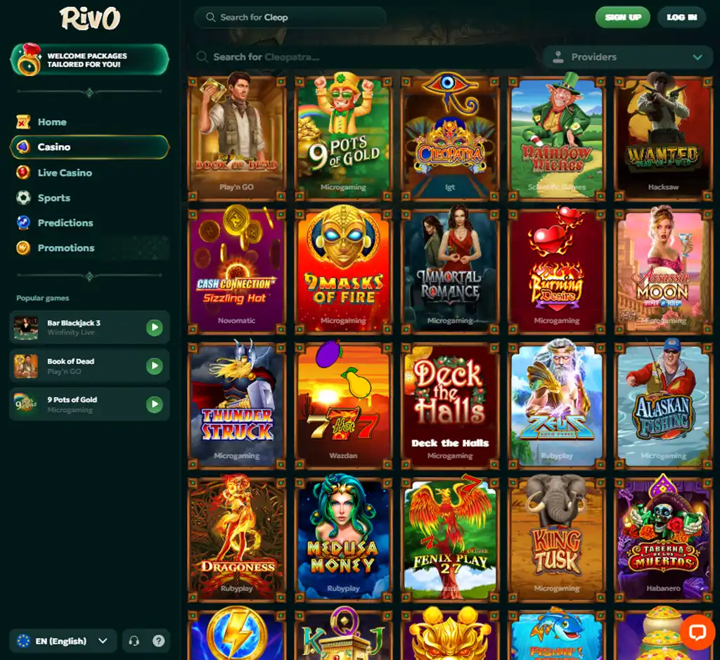Rivo Casino desktop slots lobby screenshot presenting variety of slot games with categories and providers - verified