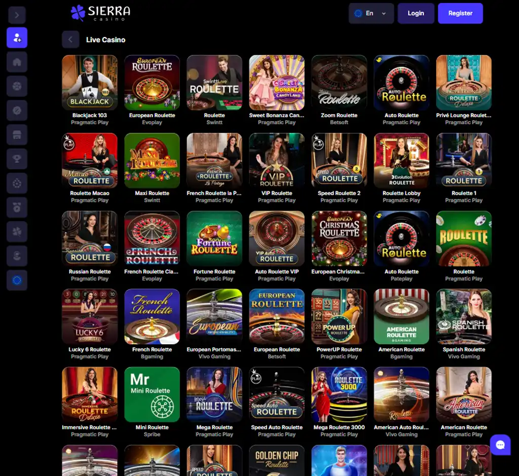 Sierra Casino desktop live casino lobby screenshot featuring live dealer games and real-time streaming interface - review testing