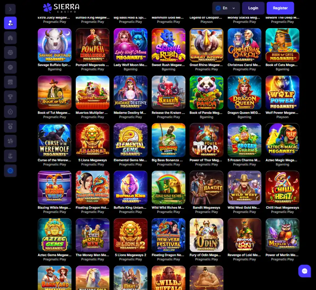 Sierra Casino desktop slots lobby screenshot presenting variety of slot games with categories and providers - verified