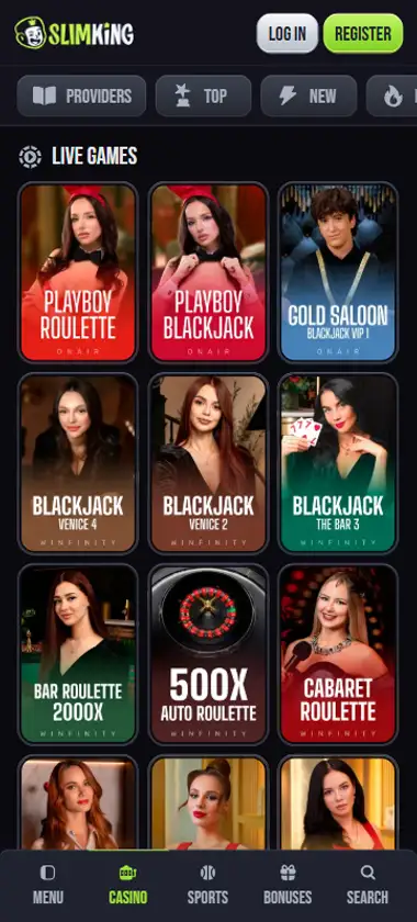 Slim King Casino mobile live casino interface screenshot showing live dealer tables including blackjack and roulette - tested Slim King Casino mobile live casino interface screenshot showing live dealer tables including blackjack and roulette - tested