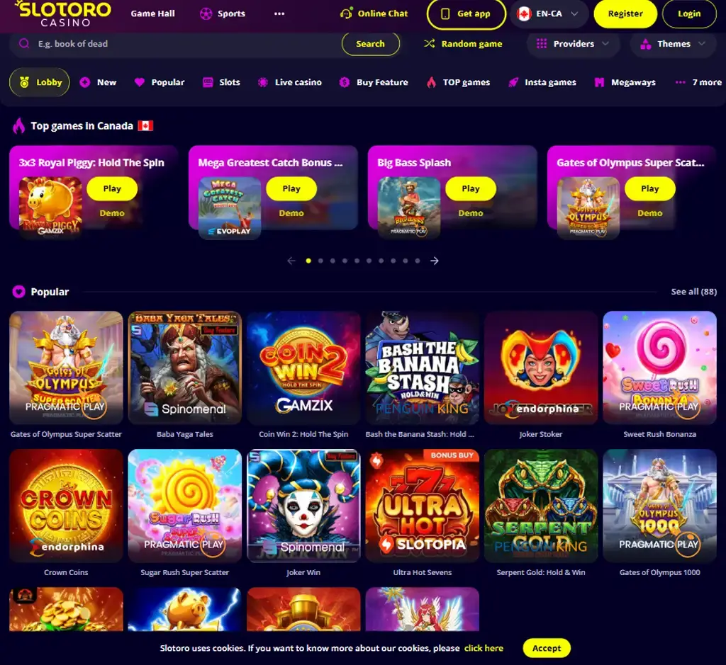 Slotoro Casino desktop homepage screenshot displaying main lobby with featured games, promotions and navigation menu - tested