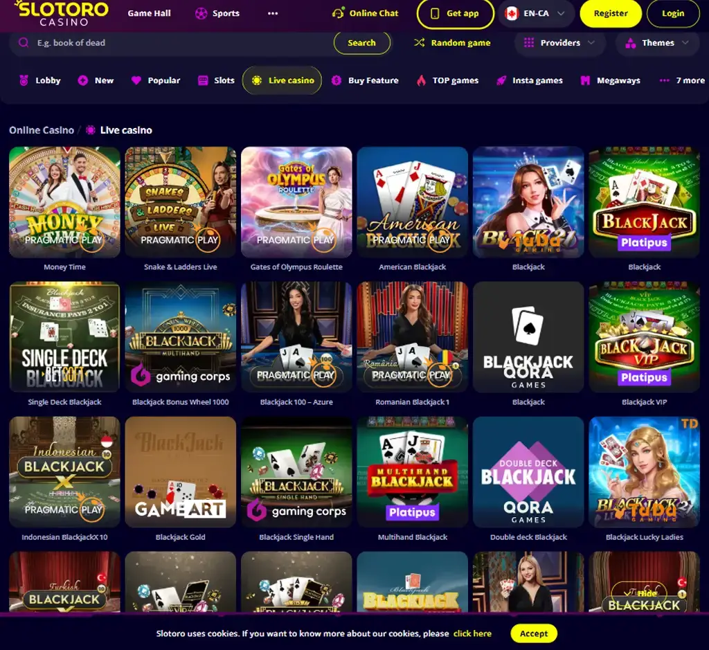 Slotoro Casino desktop live casino lobby screenshot featuring live dealer games and real-time streaming interface - tested
