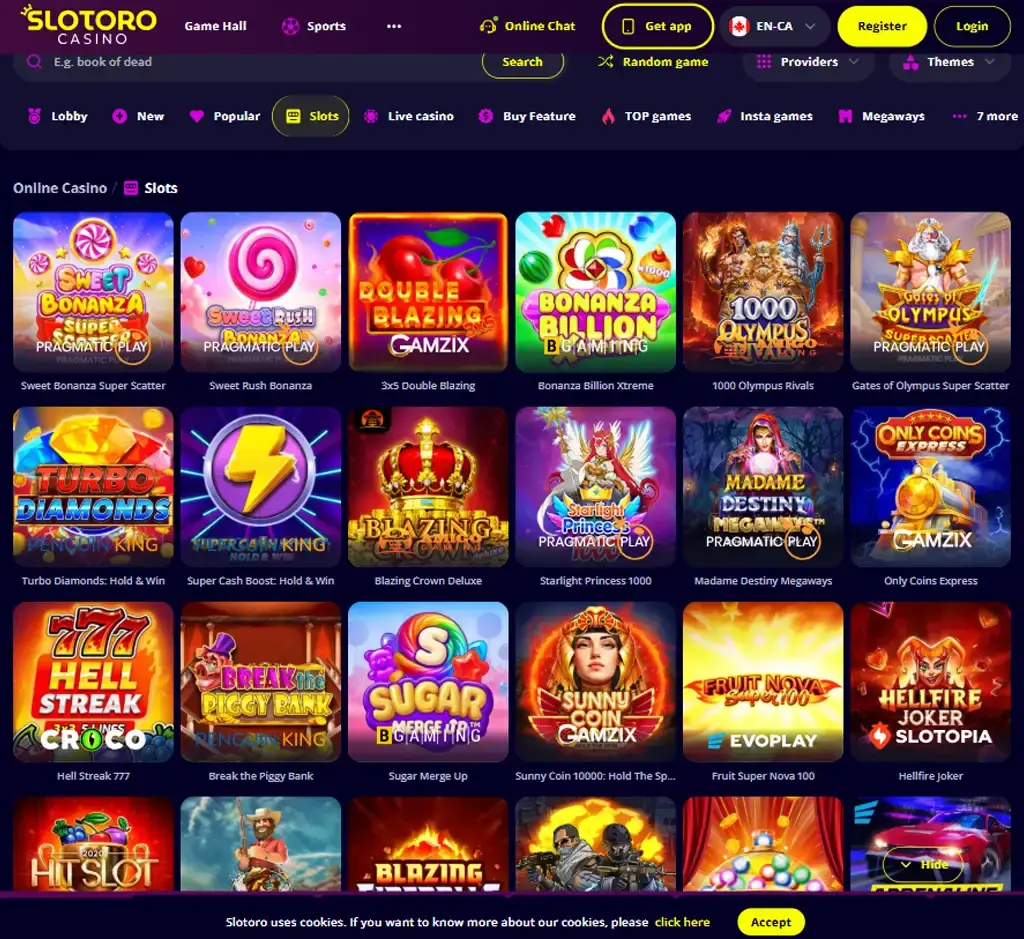 Slotoro Casino desktop slots lobby screenshot presenting variety of slot games with categories and providers - tested