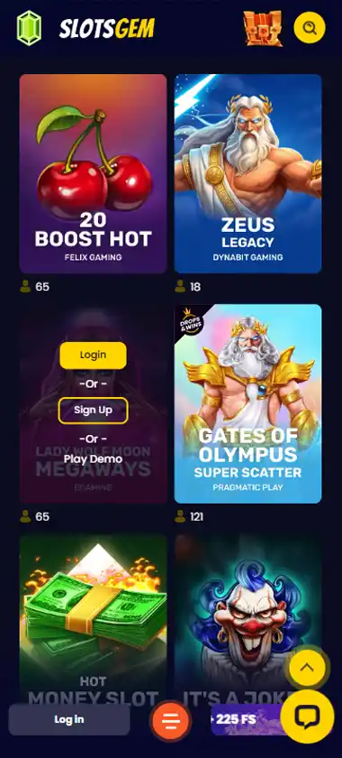 SlotsGem Casino mobile slots interface showing slot game selection with popular titles and filtering options - captured during platform testing