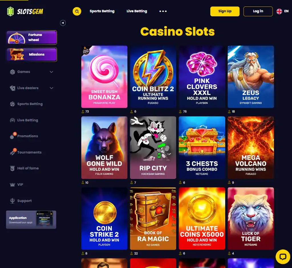 SlotsGem Casino desktop slots lobby presenting a variety of slot games with categories and providers - tested