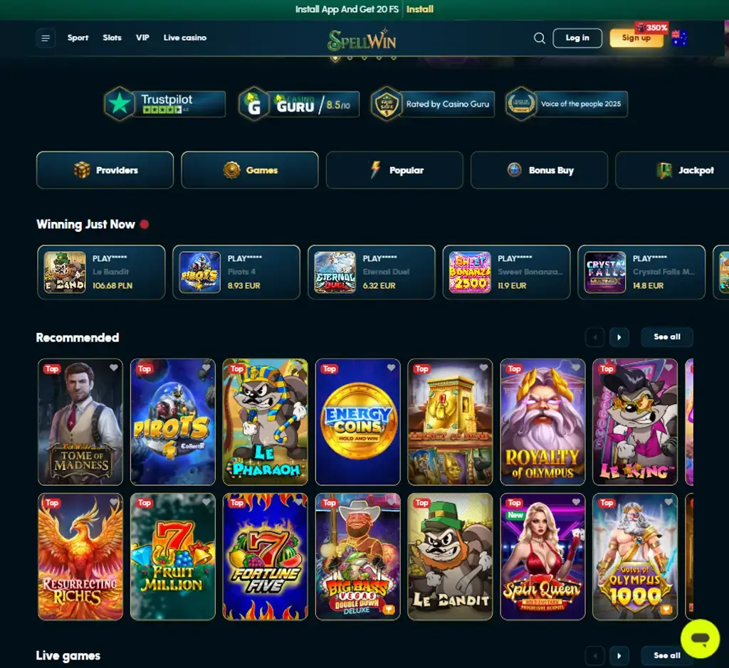 Spellwin Casino desktop homepage screenshot displaying main lobby with featured games, promotions and navigation menu - tested Spellwin Casino desktop homepage screenshot displaying main lobby with featured games, promotions and navigation menu - tested