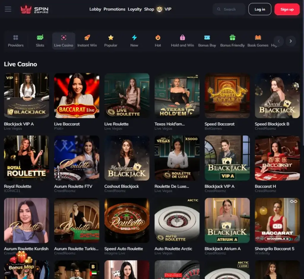 Spin Empire Casino desktop live casino lobby featuring live dealer games and real-time streaming interface - tested Spin Empire Casino desktop live casino lobby featuring live dealer games and real-time streaming interface - tested
