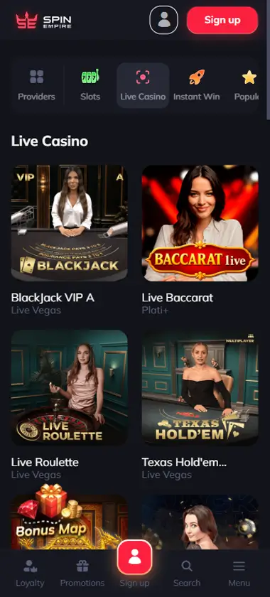 SpinEmpire Casino Mobile Preview 2