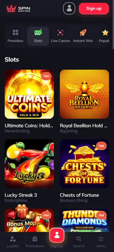 SpinEmpire Casino Mobile Preview 1