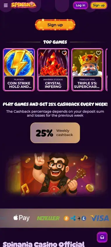 Spinania Casino mobile homepage screenshot showing main lobby with featured games and promotions - tested