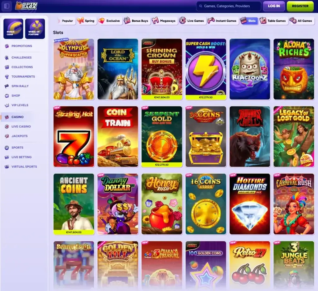 Spinbara Casino desktop slots lobby screenshot presenting variety of slot games with categories and providers - Tested Spinbara Casino desktop slots lobby screenshot presenting variety of slot games with categories and providers - Tested