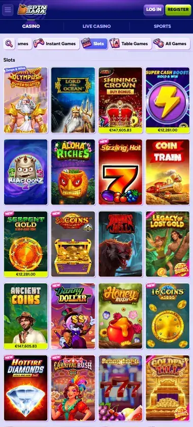 Spinbara Casino mobile slots interface screenshot showing slot game selection with popular titles and filtering options - Tested Spinbara Casino mobile slots interface screenshot showing slot game selection with popular titles and filtering options - Tested