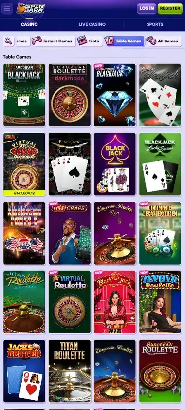 Spinbara Casino mobile table games interface screenshot showing selection of blackjack, roulette and other table games - Tested Spinbara Casino mobile table games interface screenshot showing selection of blackjack, roulette and other table games - Tested