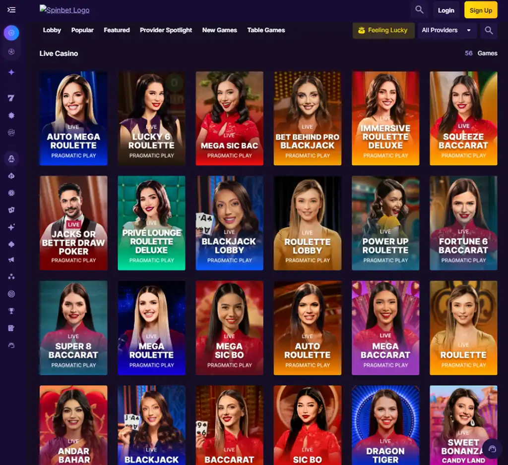 SpinBet Casino desktop live casino lobby screenshot featuring live dealer games and real-time streaming interface - review testing