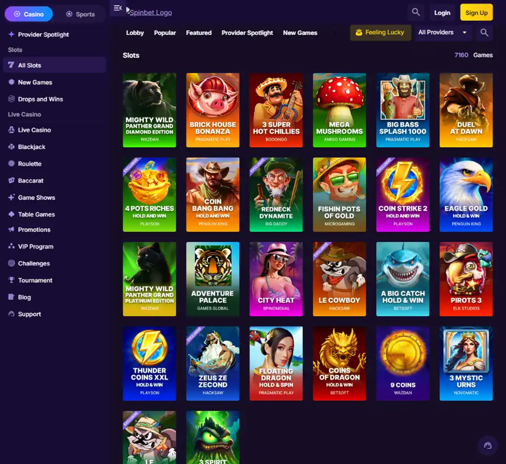 SpinBet Casino desktop slots lobby screenshot presenting variety of slot games with categories and providers - verified