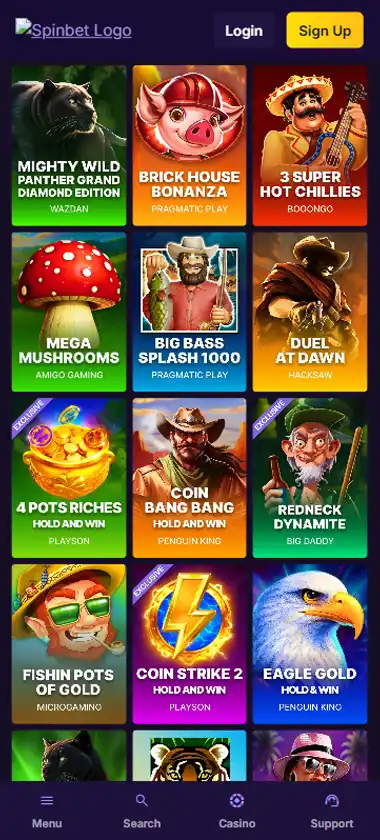 SpinBet Casino mobile slots interface screenshot showing slot game selection with popular titles and filtering options - captured during platform testing