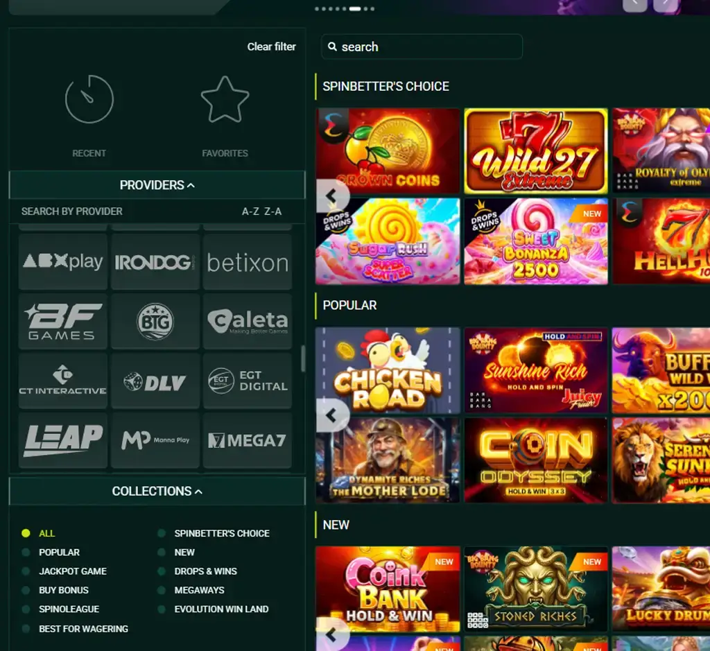 SpinBetter Casino desktop slots lobby presenting a variety of slot games with categories and providers - Tested SpinBetter Casino desktop slots lobby presenting a variety of slot games with categories and providers - Tested