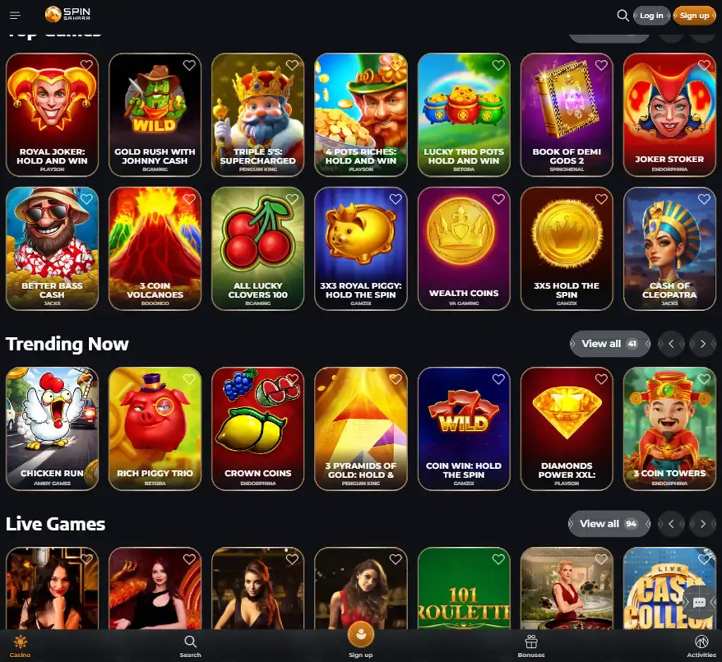 Spin Sahara Casino desktop homepage screenshot displaying main lobby with featured games, promotions and navigation menu - tested