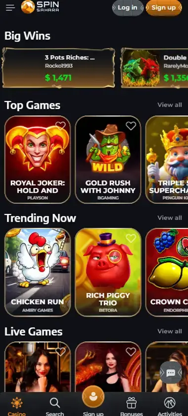 SpinSahara Casino Mobile Preview 2