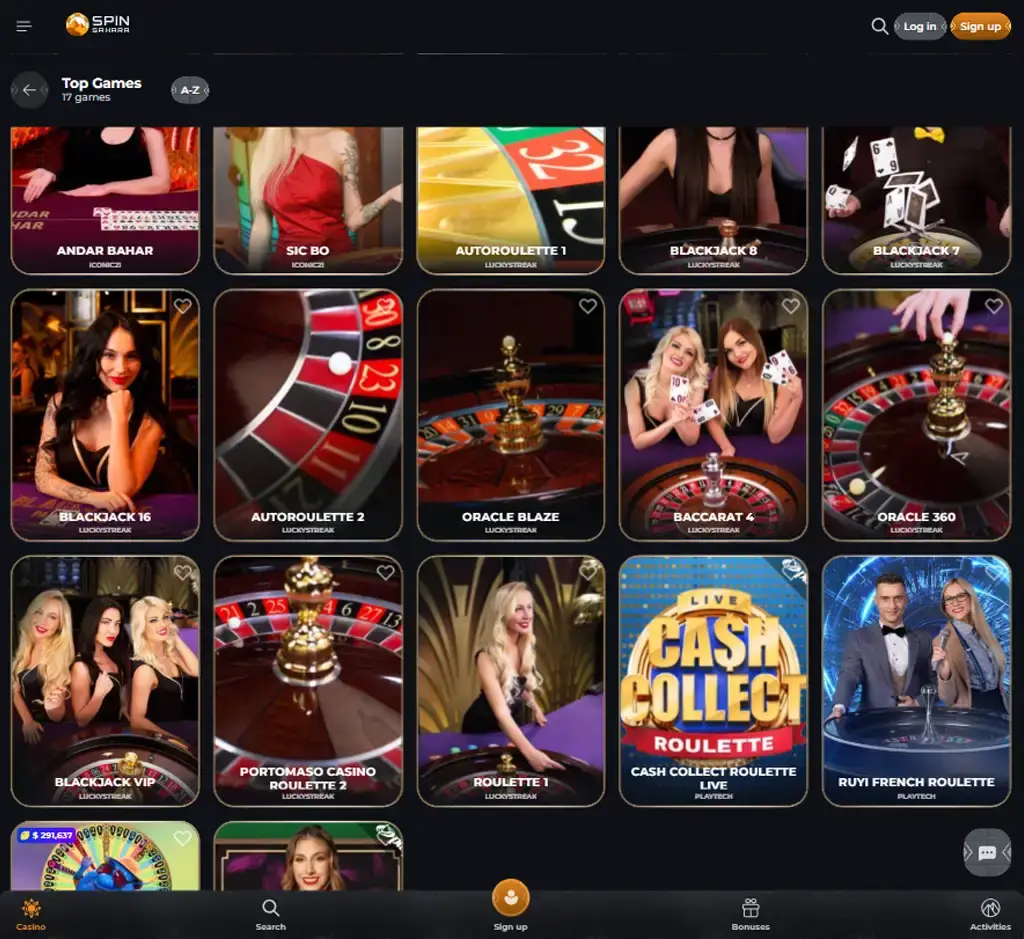Spin Sahara Casino desktop live casino lobby screenshot featuring live dealer games and real-time streaming interface - review testing