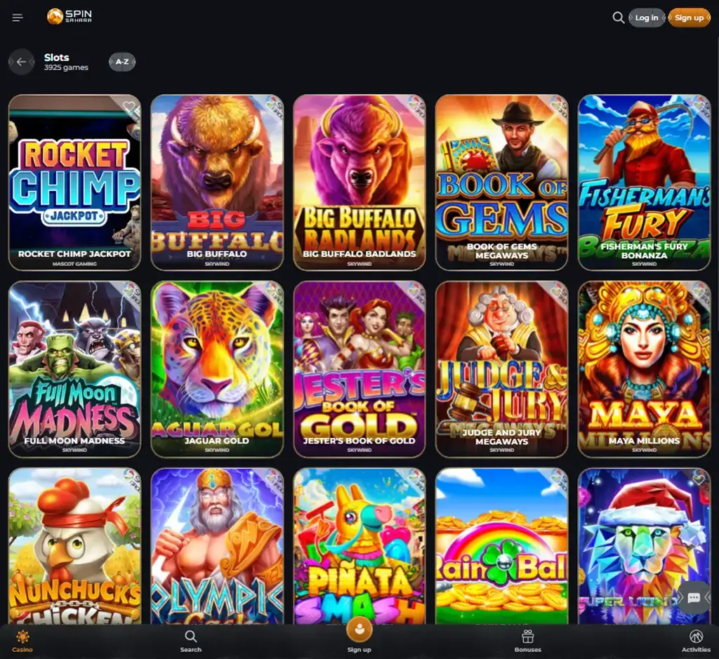Spin Sahara Casino desktop slots lobby screenshot presenting variety of slot games with categories and providers - verified
