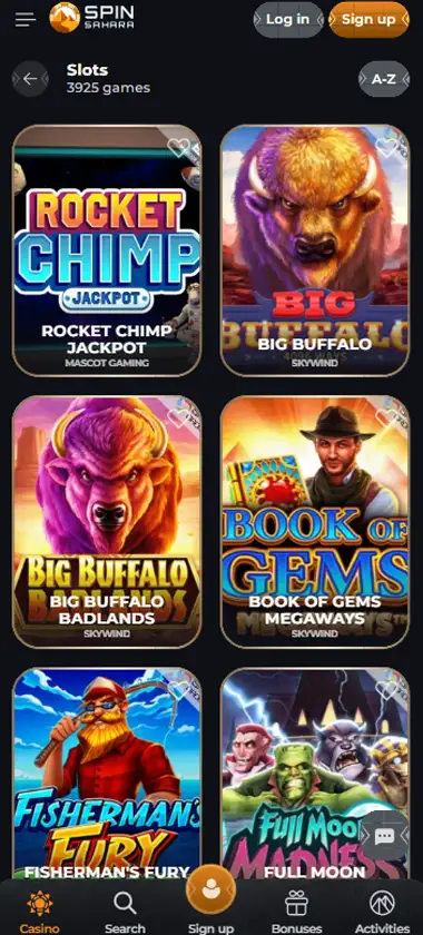 Spin Sahara Casino mobile slots interface screenshot showing slot game selection with popular titles and filtering options - captured during platform testing