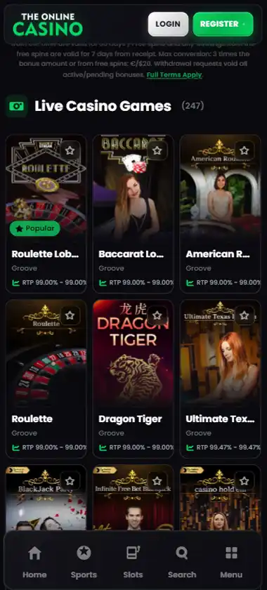 The Online Casino mobile live casino interface screenshot showing live dealer tables including blackjack and roulette - tested
