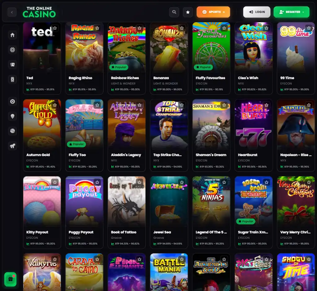 The Online Casino desktop slots lobby screenshot presenting variety of slot games with categories and providers - verified