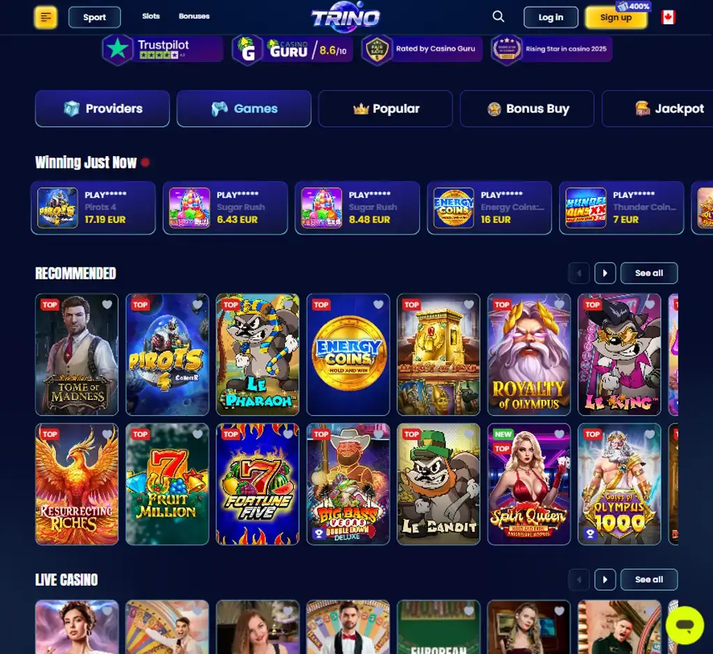 Trino Casino desktop homepage screenshot displaying main lobby with featured games, promotions and navigation menu - tested Trino Casino desktop homepage screenshot displaying main lobby with featured games, promotions and navigation menu - tested