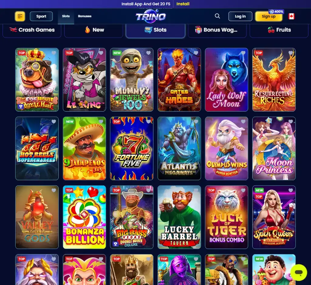 Trino Casino desktop slots lobby screenshot presenting variety of slot games with categories and providers - verified Trino Casino desktop slots lobby screenshot presenting variety of slot games with categories and providers - verified