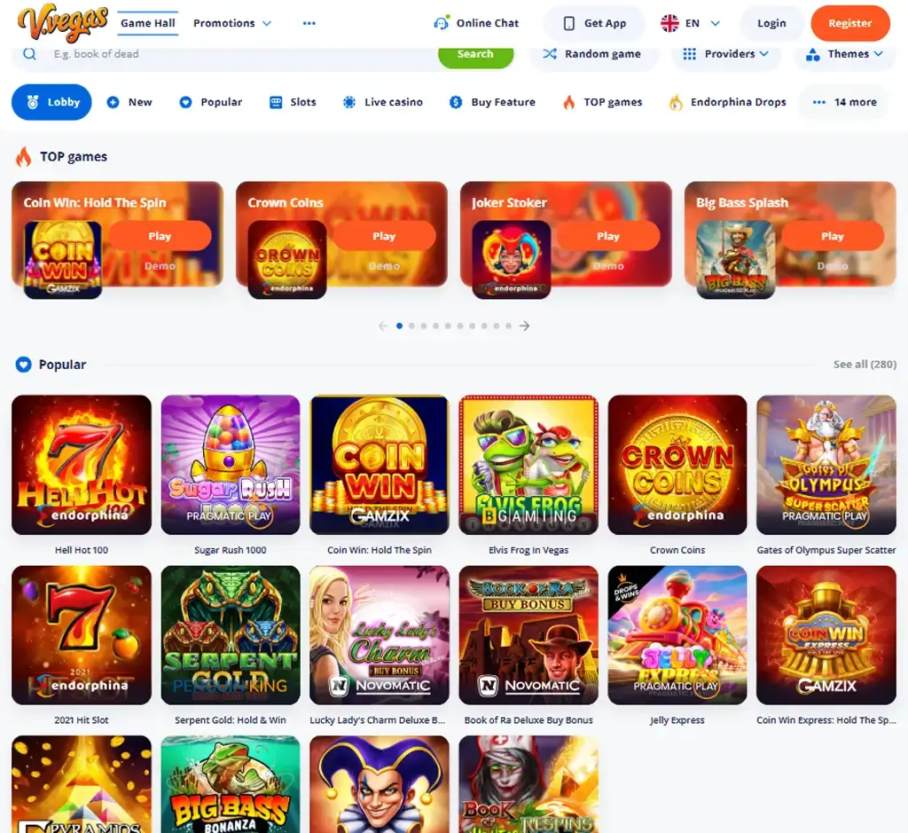 V Vegas Casino desktop homepage screenshot displaying main lobby with featured games, promotions and navigation menu - tested