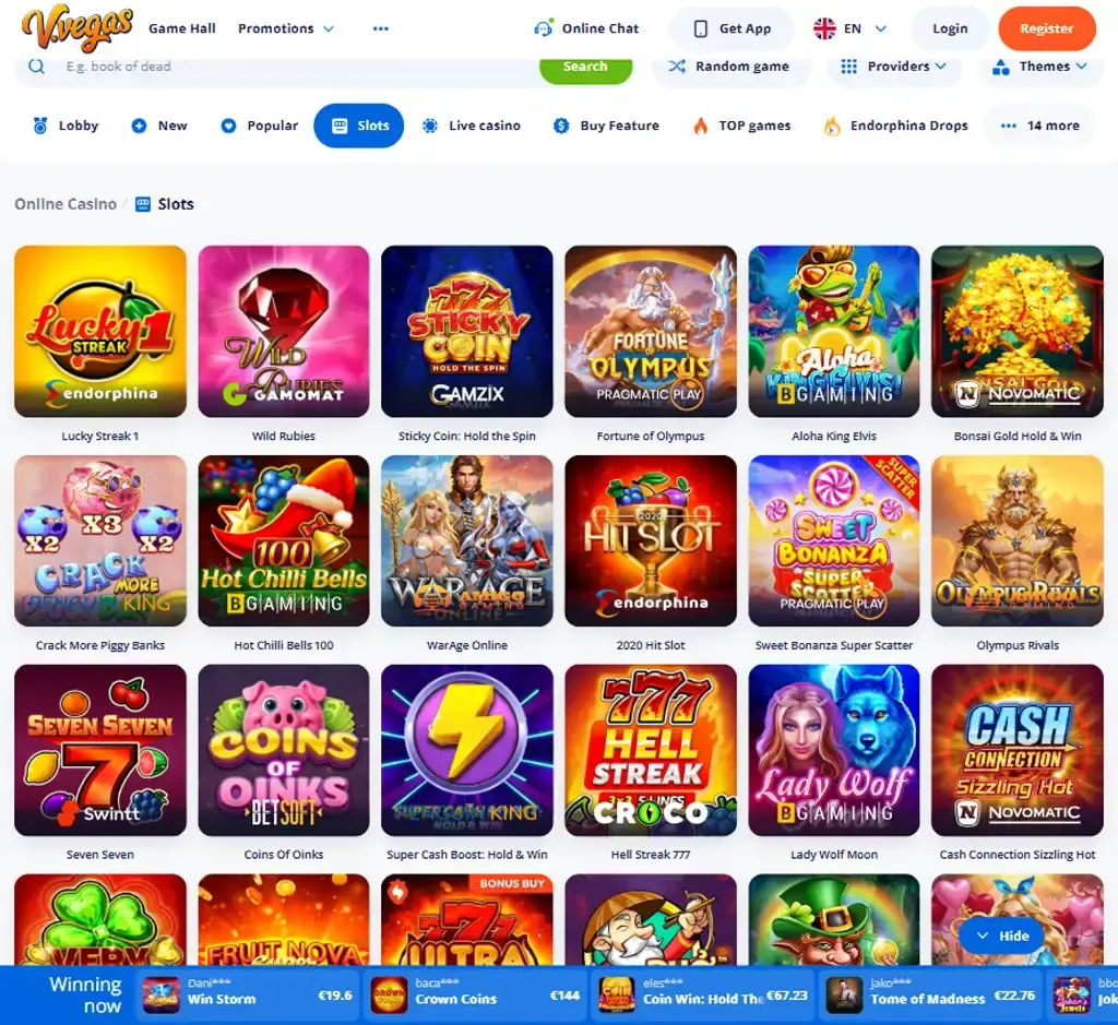 V Vegas Casino desktop slots lobby screenshot presenting variety of slot games with categories and providers - verified