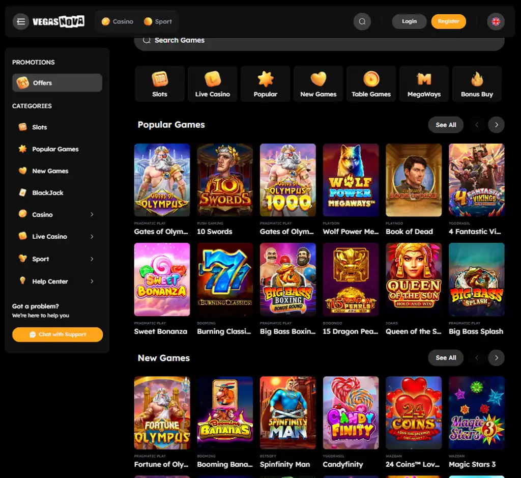 Vegas Nova Casino desktop homepage screenshot displaying main lobby with featured games, promotions and navigation menu - tested