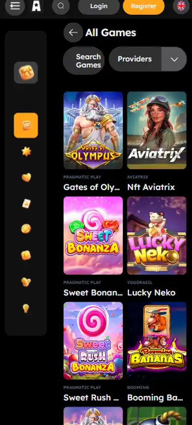Vegas Nova Casino mobile homepage screenshot showing main lobby with featured games and promotions - captured during platform testing