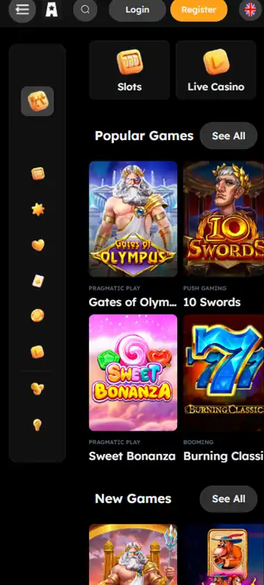 Vegas Nova Casino mobile slots interface screenshot showing slot game selection with popular titles and filtering options - captured during platform testing