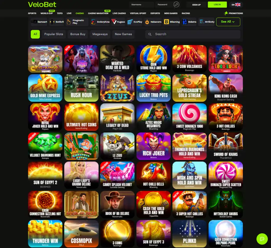 Velobet Casino desktop slots lobby screenshot presenting variety of slot games with categories and providers - verified