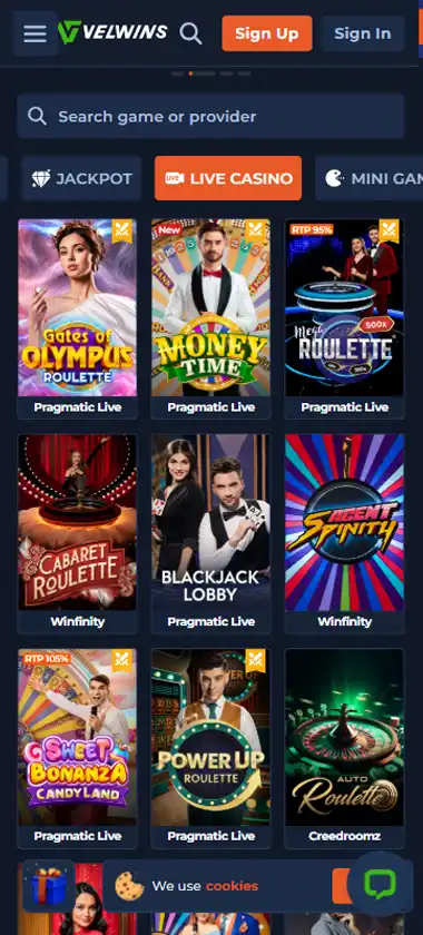 Velwins Casino mobile live casino interface screenshot showing live dealer tables including blackjack and roulette - tested Velwins Casino mobile live casino interface screenshot showing live dealer tables including blackjack and roulette - tested