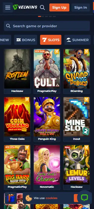 Velwins Casino mobile slots interface screenshot showing slot game selection with popular titles and filtering options - captured during platform testing Velwins Casino mobile slots interface screenshot showing slot game selection with popular titles and filtering options - captured during platform testing