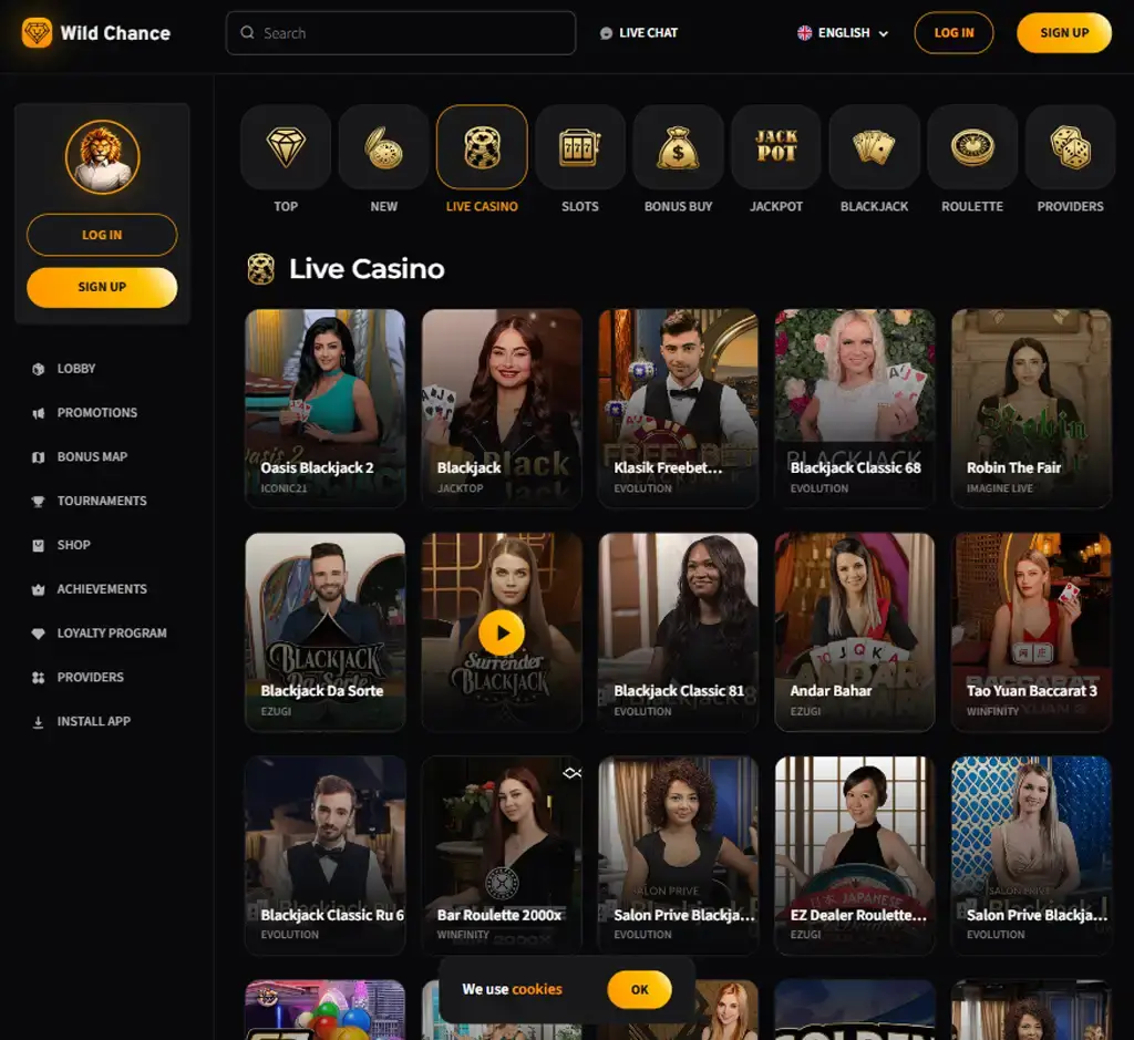 Wild Chance Casino desktop live casino lobby screenshot featuring live dealer games and real-time streaming interface - review testing