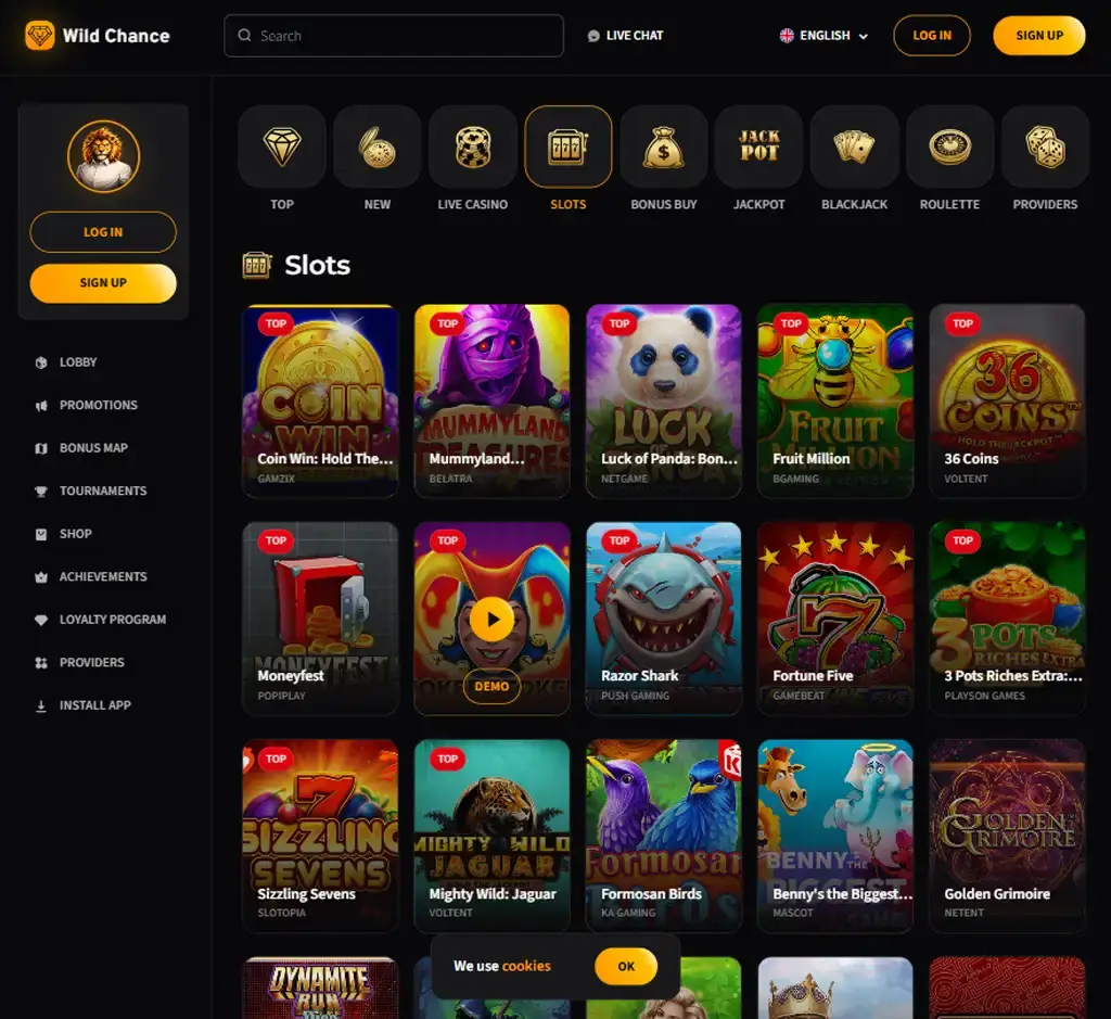 Wild Chance Casino desktop slots lobby screenshot presenting variety of slot games with categories and providers - verified