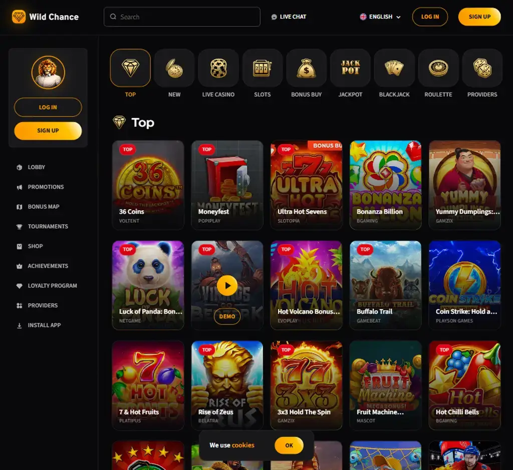 Wild Chance Casino desktop top games section screenshot showcasing trending and featured casino titles - tested